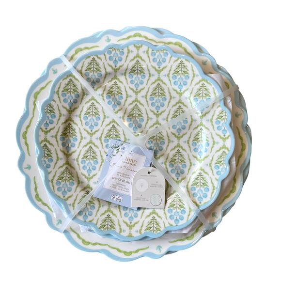 Lillian August French Farmhouse Floral Melamine Dinner Set of 8 Blue Green New - Picture 2 of 15